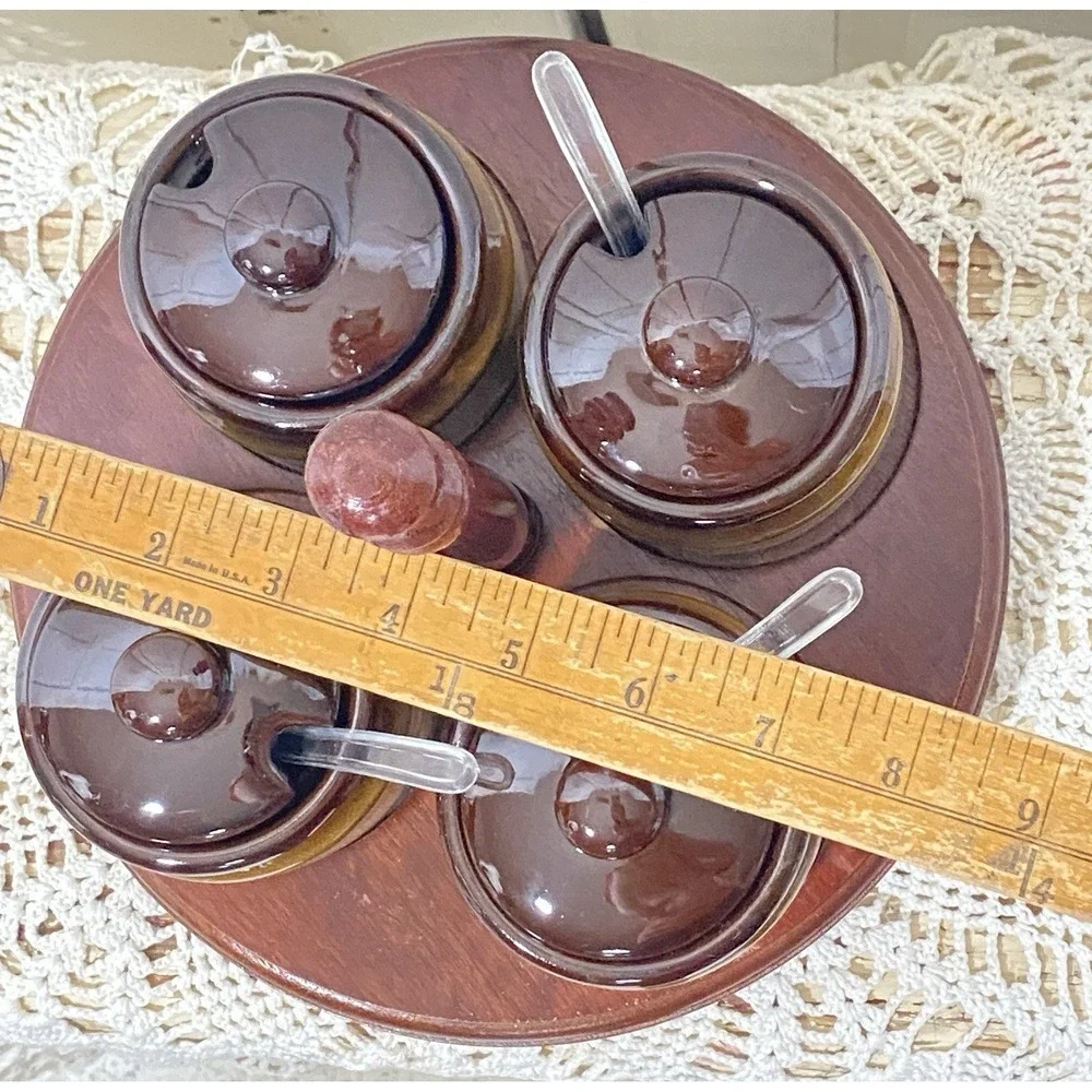 Vintage Stoneware Condiment Set w/4 Covered Labeled Jars & Spoons on Lazy‎ Susan